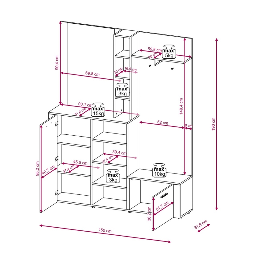 Parete attrezzata per ingresso con specchio KEVIN marrone/nero