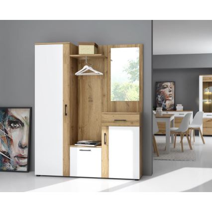 Parete attrezzata per ingresso con specchio NOLAN rovere artisan/bianco