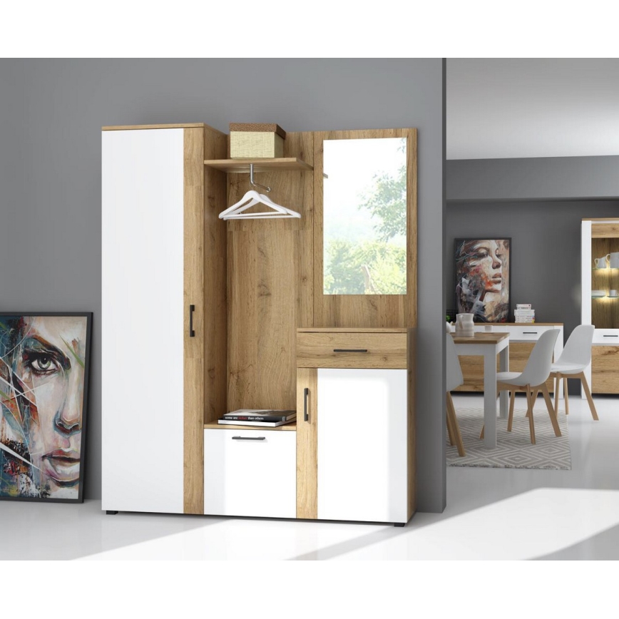 Parete attrezzata per ingresso con specchio NOLAN rovere artisan/bianco