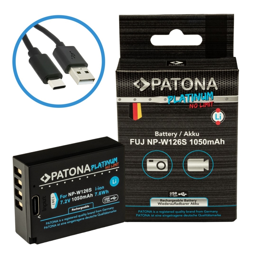 PATONA - Batteria Fuji NP-W126S 1050mAh Li-Ion Platinum con ricarica USB-C