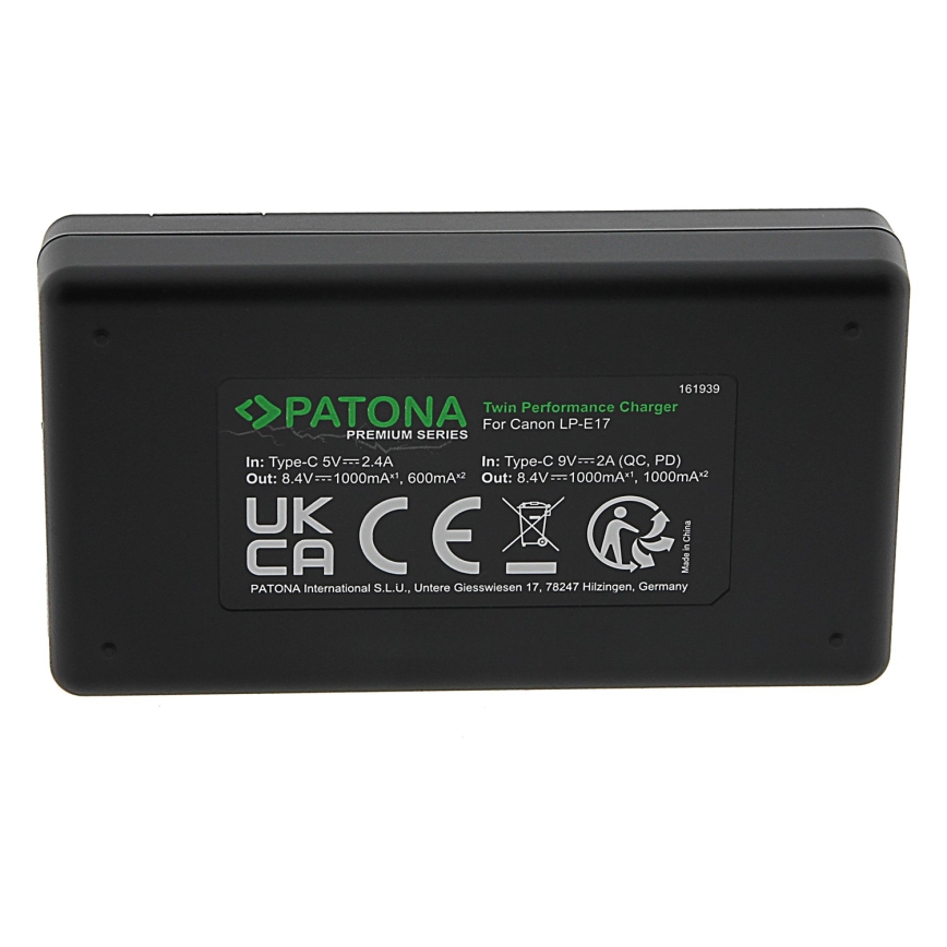 PATONA - Caricabatterie rapido Dual Canon LP-E17 + cavo USB-C 0,6m