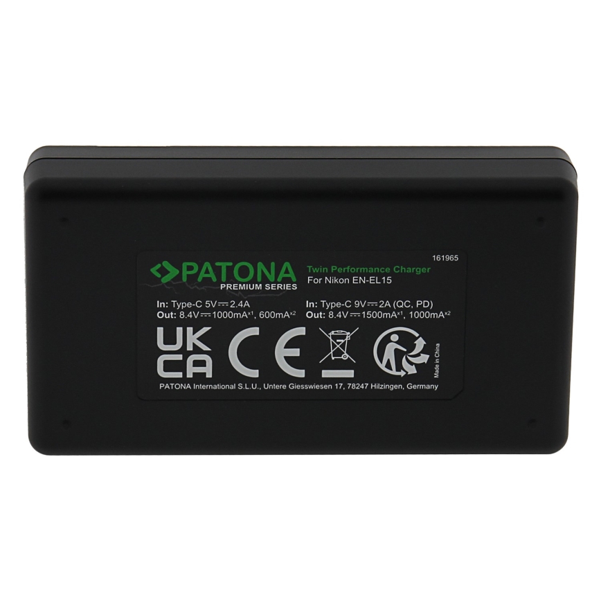 PATONA - Caricabatterie rapido Dual Nikon EN-EL15/EN-EL15C + cavo USB-C 0,6m