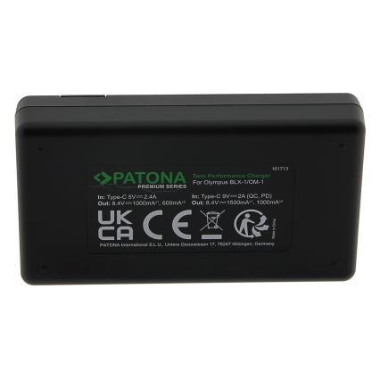 PATONA - Caricabatterie rapido Dual Olympus BLX-1 + cavo USB-C 0,6m