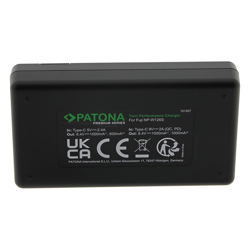 PATONA - Caricabatterie rapido Dual per Fuji NP-W126 + cavo USB-C 0,6m