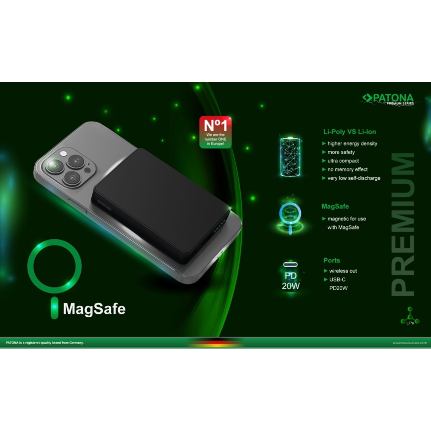 PATONA - Power Bank 10000mAh Li-Pol-PD20W con ricarica MagSafe USB-C e Qi