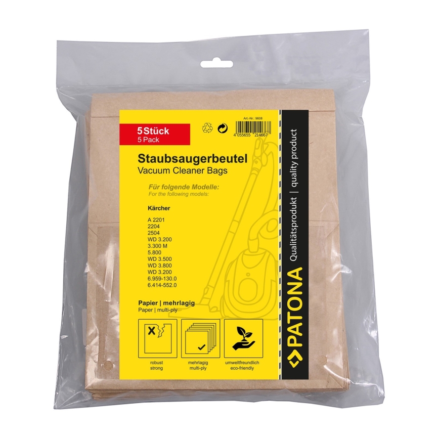 PATONA - Sacchetti per aspirapolvere KÄRCHER WD3/A2201/2204/2504/3.300/5.800 carta - 5 pz