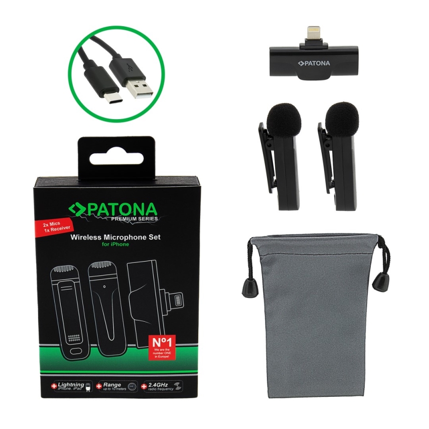 PATONA - SET 2x Microfono wireless con clip per iPhone USB-C 5V 50 mAh
