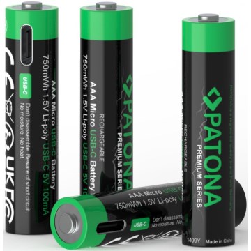 PATONA - SET 4x Accumulatore AAA/LR03 Li-Pol 500mAh 1,5V con USB-C di ricarica