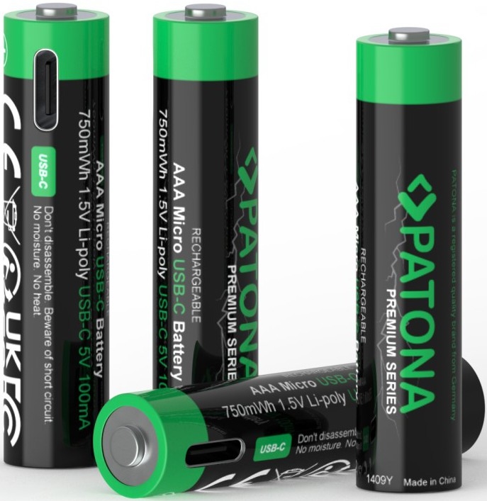 PATONA - SET 4x Accumulatore AAA/LR03 Li-Pol 500mAh 1,5V con USB-C di ricarica