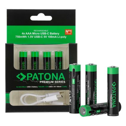 PATONA - SET 4x Accumulatore AAA/LR03 Li-Pol 500mAh 1,5V con USB-C di ricarica