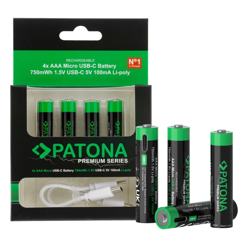 PATONA - SET 4x Accumulatore AAA/LR03 Li-Pol 500mAh 1,5V con USB-C di ricarica