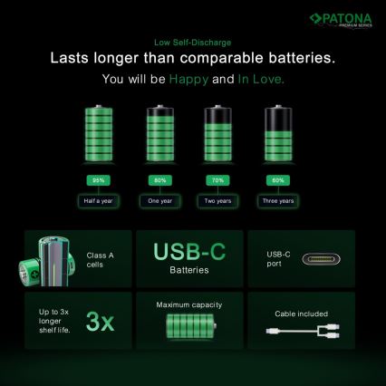 PATONA - SET 4x Accumulatore AAA/LR03 Li-Pol 500mAh 1,5V con USB-C di ricarica