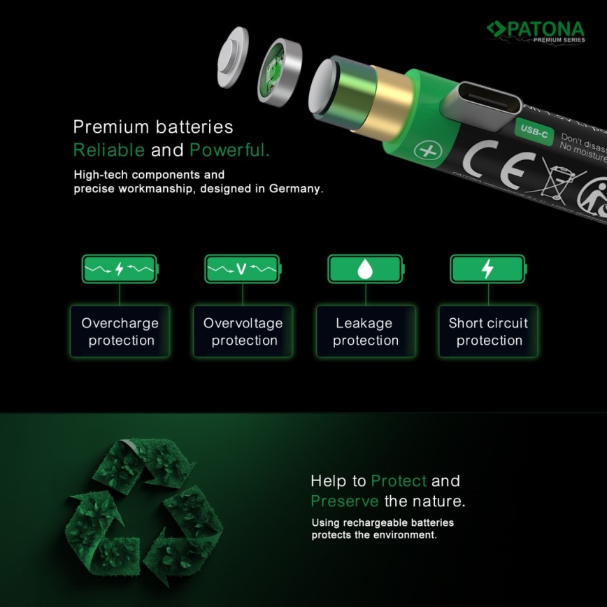 PATONA - SET 4x Accumulatore AAA/LR03 Li-Pol 500mAh 1,5V con USB-C di ricarica