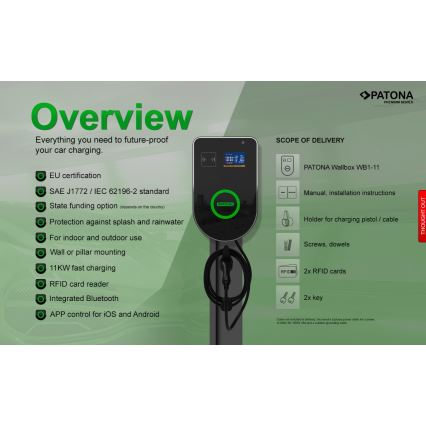 PATONA - Stazione di ricarica con display LCD per auto elettriche 11kW/400V/16A IP54