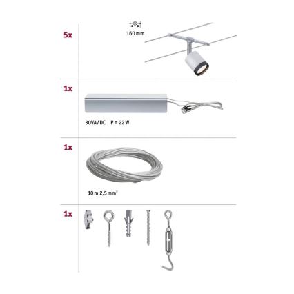 Paulmann 3981 - KIT 5xLED/4W Sistema a cavo completo TUBE 230V cromo opaco/nero