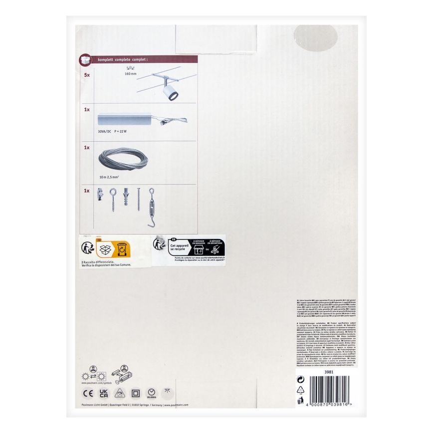Paulmann 3981 - KIT 5xLED/4W Sistema a cavo completo TUBE 230V cromo opaco/nero