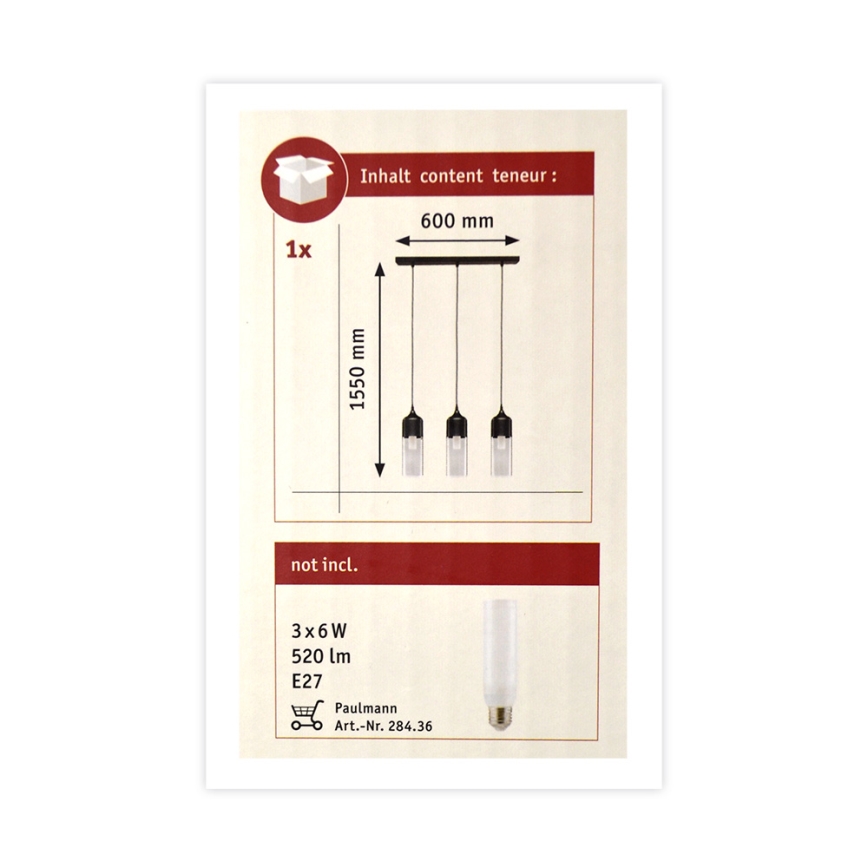 Paulmann 79642 - Lampadario a sospensione con filo NEORDIC 3xE27/60W/230V