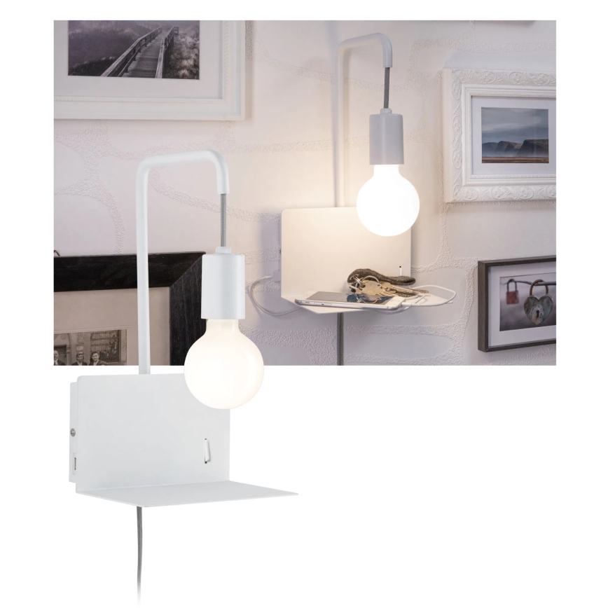 Paulmann 79812 - 1xE27/40W Lampada da parete con mensola e porta USB CALVANI 230V bianca