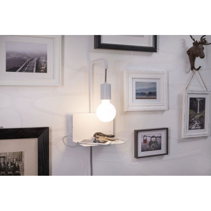 Paulmann 79812 - 1xE27/40W Lampada da parete con mensola e porta USB CALVANI 230V bianca