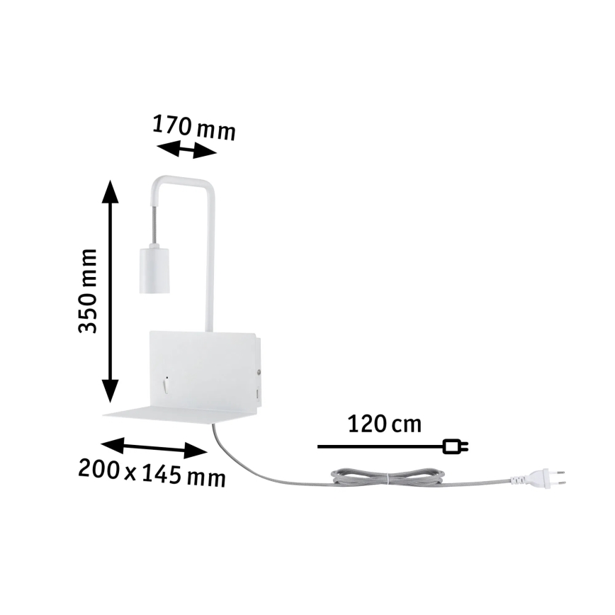 Paulmann 79812 - 1xE27/40W Lampada da parete con mensola e porta USB CALVANI 230V bianca