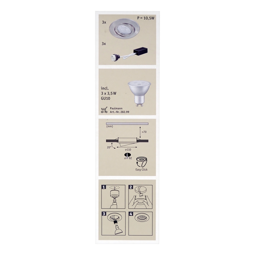 Paulmann 92026 - KIT 3x Lampada LED da incasso QUALITY LINE 3xGU10-LED/3,5W