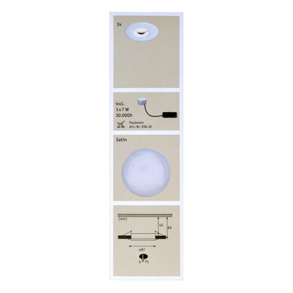 Paulmann 92847 - KIT 3x Lampada LED da incasso per bagni COIN 3xLED/7W/230V