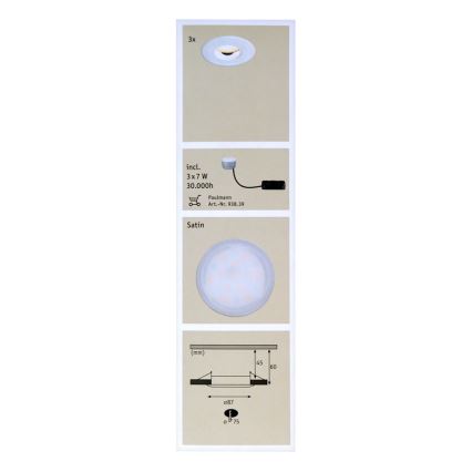 Paulmann 92847 - SET 3xLED/7W IP65 Lampada da incasso dimmerabile per bagni COIN 230V