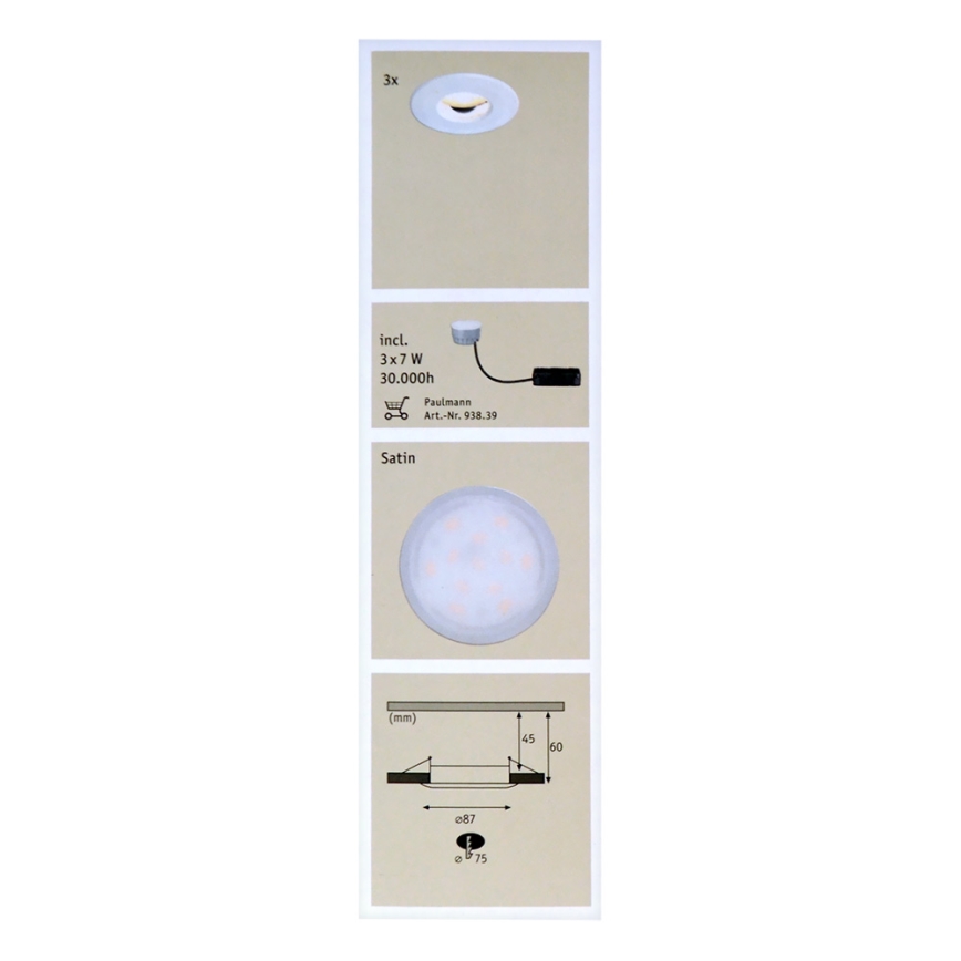 Paulmann 92847 - KIT 3x Lampada LED da incasso per bagni COIN 3xLED/7W/230V