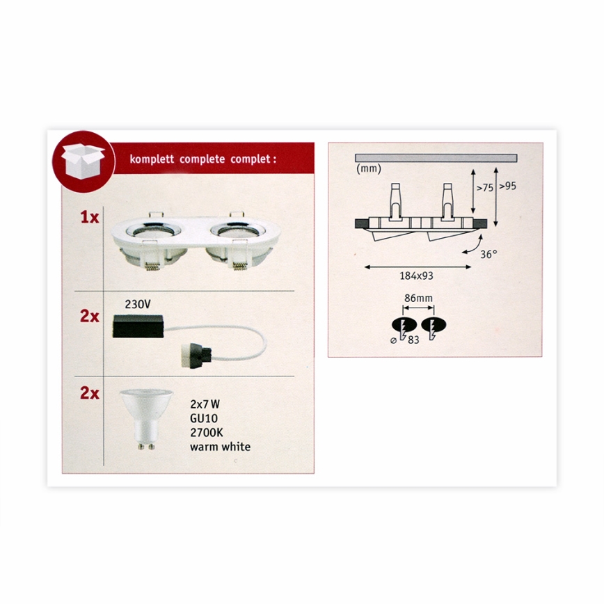 Paulmann 92901 - 2xLED-GU10/7W IP65 Faretto da incasso per bagno dimmerabile NOVA 230V