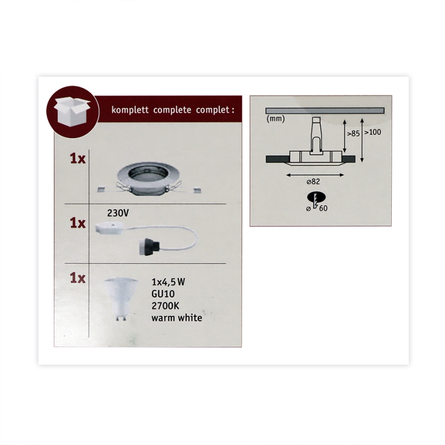 Paulmann 93659 - LED GU10/4,5W Luce da incasso COIN 230V