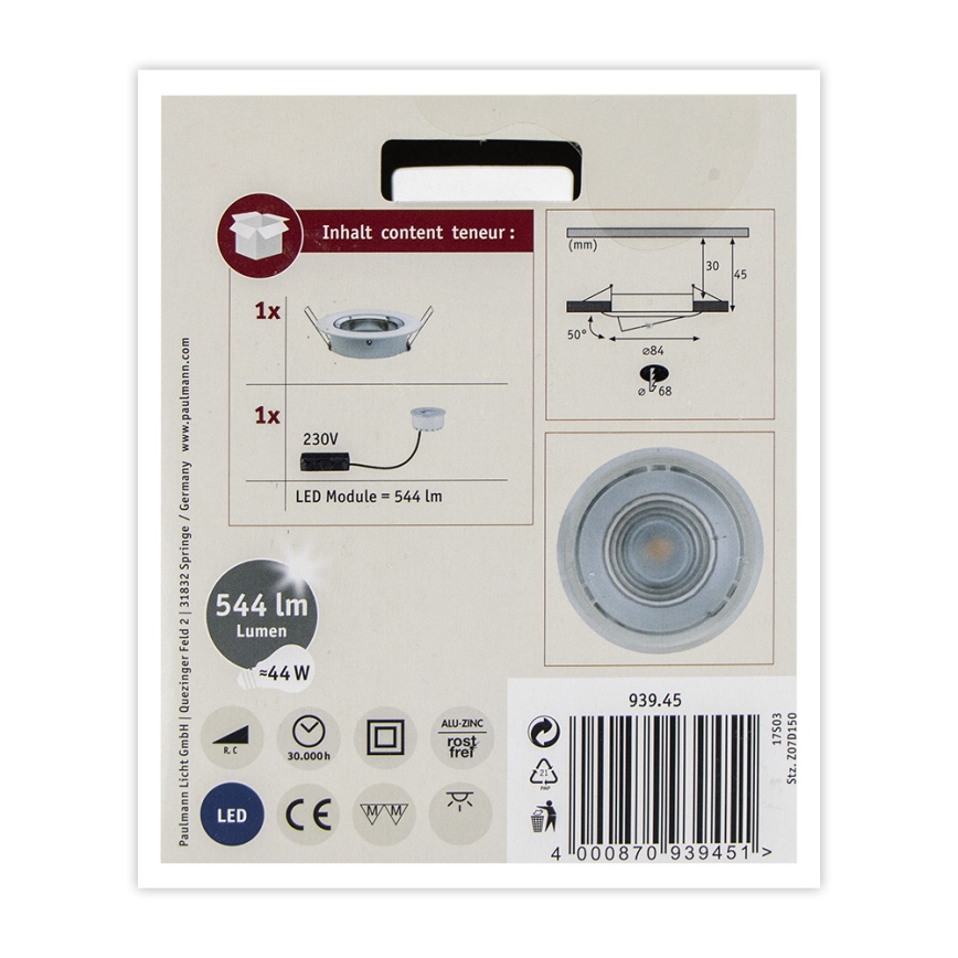 Paulmann 93945 - LED/6,8W IP23 Dimmable bathroom da incasso chiaro COIN 230V