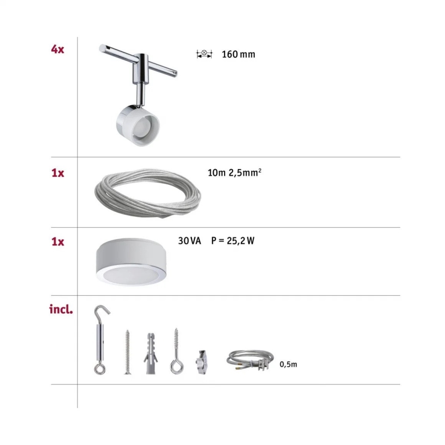 Paulmann 94080 - SET 4xLED/4,8W Faretto per sistema a cavi STAGE 230V cromo lucido