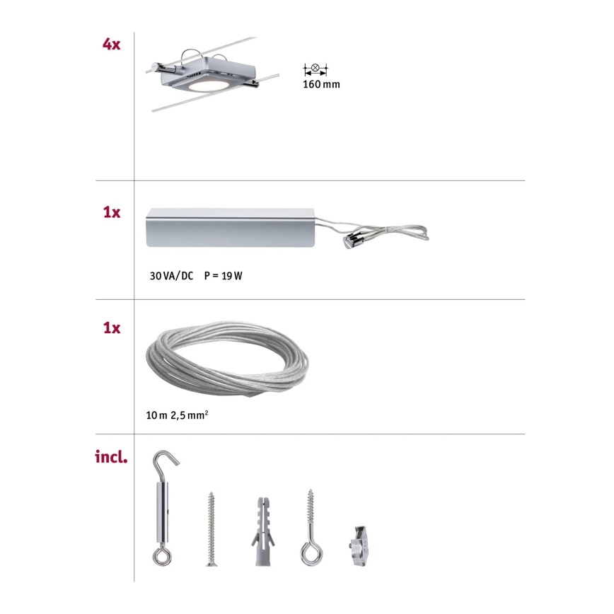 Paulmann 94107 - Set 4 faretti LED da 4,3 W per sistema a cavo MAC 230 V, finitura cromo satinato
