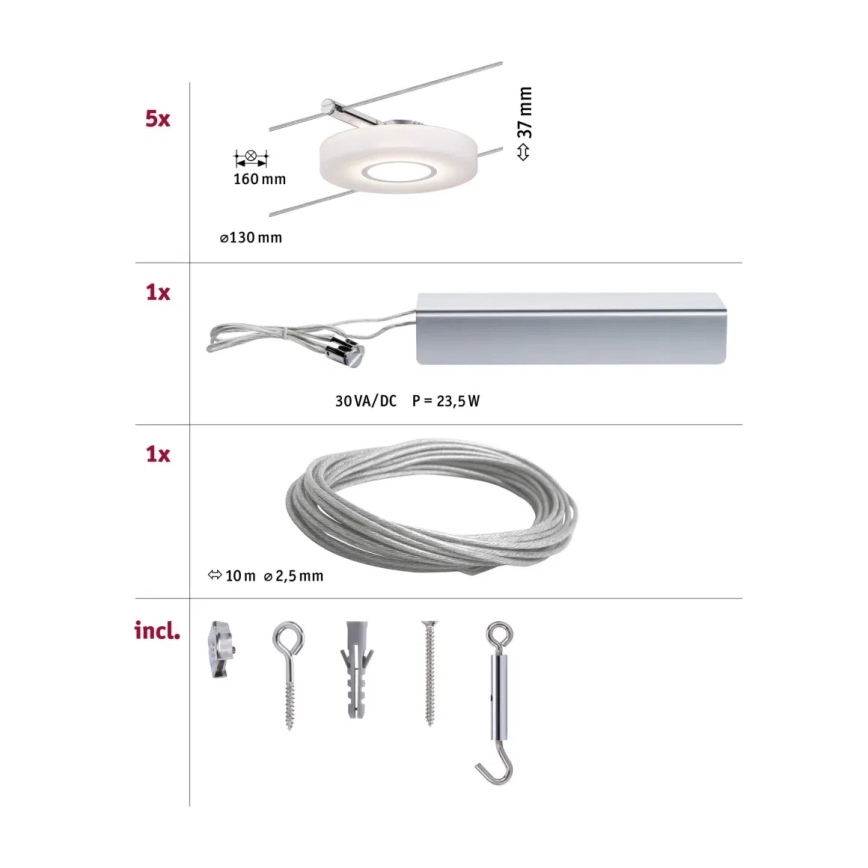 Paulmann 94109 - SET 5xLED/4,3W Faretto per sistema a cavi MAC 230V