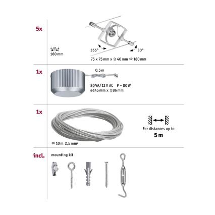 Paulmann 94133 - Set 5xGU5,3/10W, sistema completo a cavo MAC 230V, cromo opaco