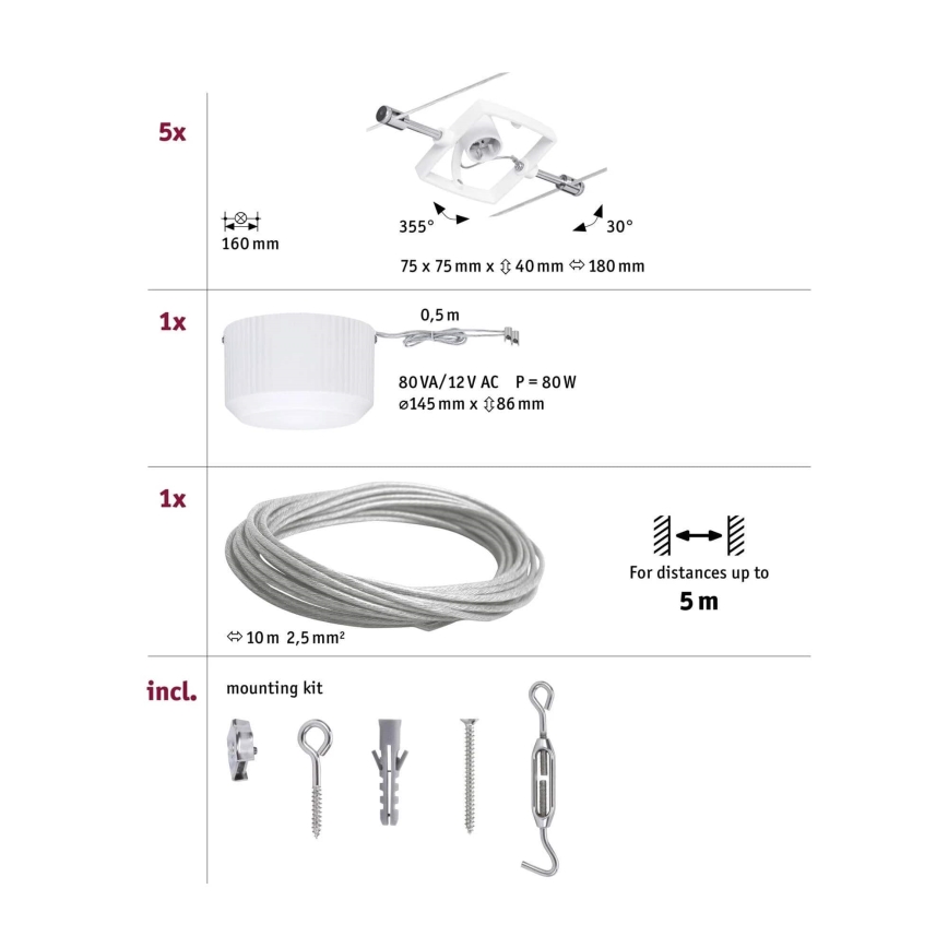Paulmann 94134 - SET 5x GU5,3/10W Sistema a cavo completo MAC 230V bianco