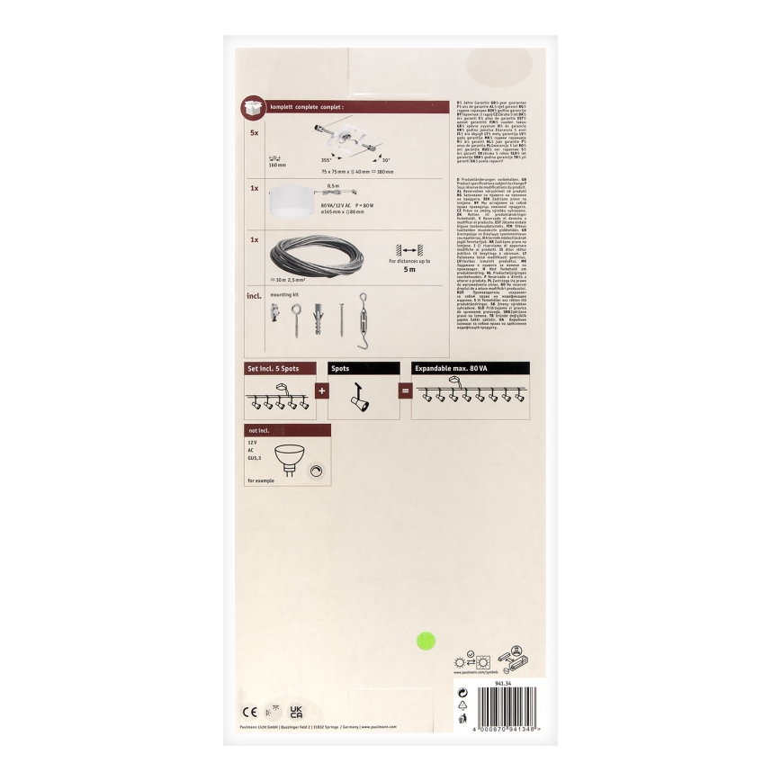 Paulmann 94134 - SET 5x GU5,3/10W Sistema a cavo completo MAC 230V bianco