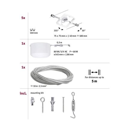 Paulmann 94134 - SET 5xGU5,3/10W Faretto per sistema di corde MAC 230V bianco