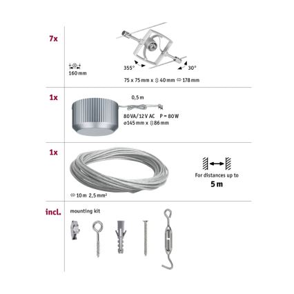 Paulmann 94152 - Set completo 7x GU5,3/10W, sistema a cavo MAC 230V, cromo opaco