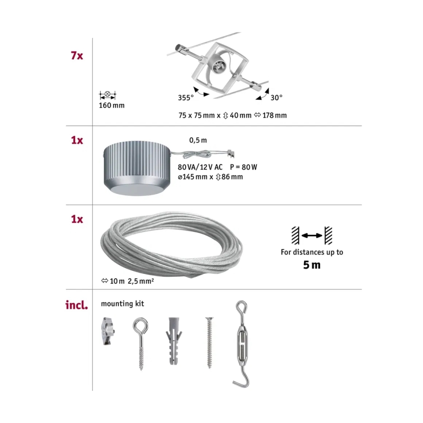 Paulmann 94152 - Set completo 7x GU5,3/10W, sistema a cavo MAC 230V, cromo opaco