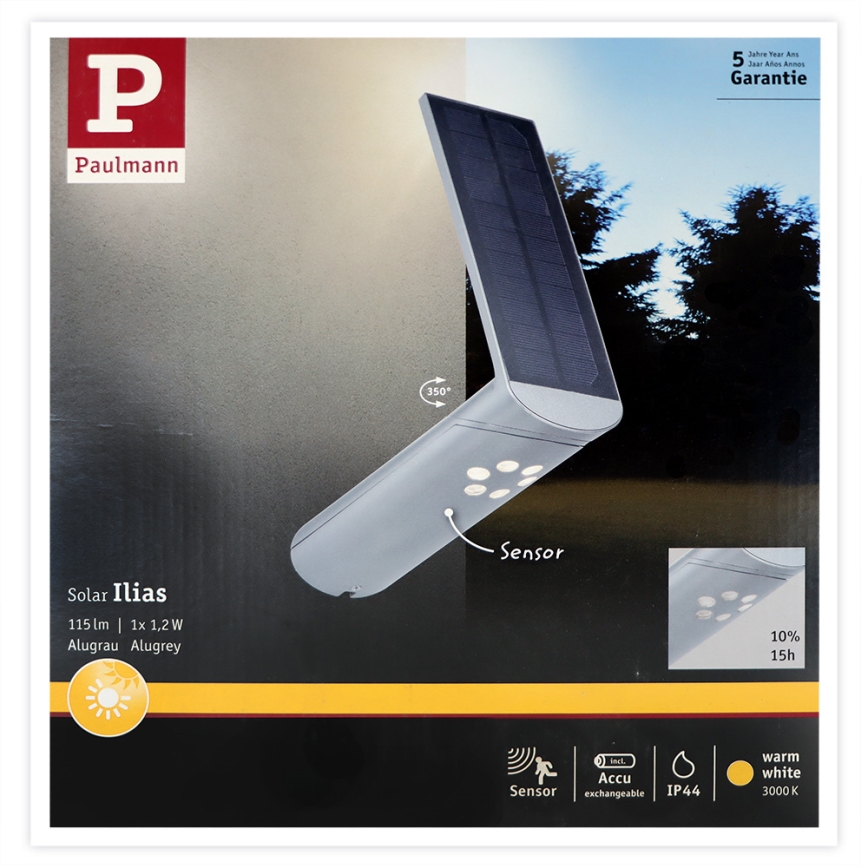 Paulmann 94261 - LED/1,2W IP44 Applique solare con sensore ILIAS 3,7V 1800 mAh