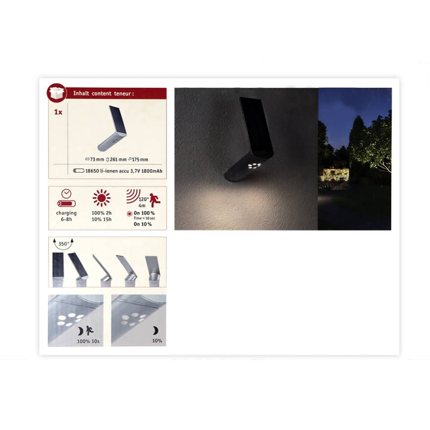Paulmann 94261 - LED/1,2W IP44 Applique solare con sensore ILIAS 3,7V 1800 mAh