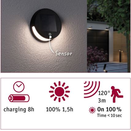 Paulmann 94265 - LED/3W IP44 Lampada solare da esterno con sensore HELENA 3,7V 1800 mAh