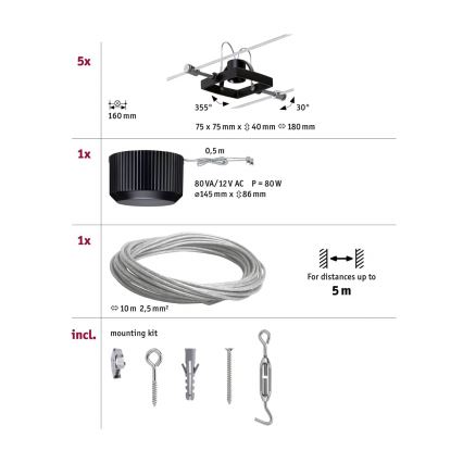 Paulmann 94290 - SET 5xGU5,3/10W Faretto per sistema di corde MAC 230V nero