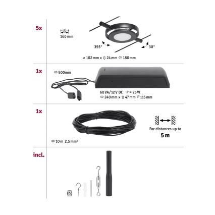 Paulmann 94418 - SET 5xLED/4,5W Faretto per sistema di corde ROUNDMAC 230V nero