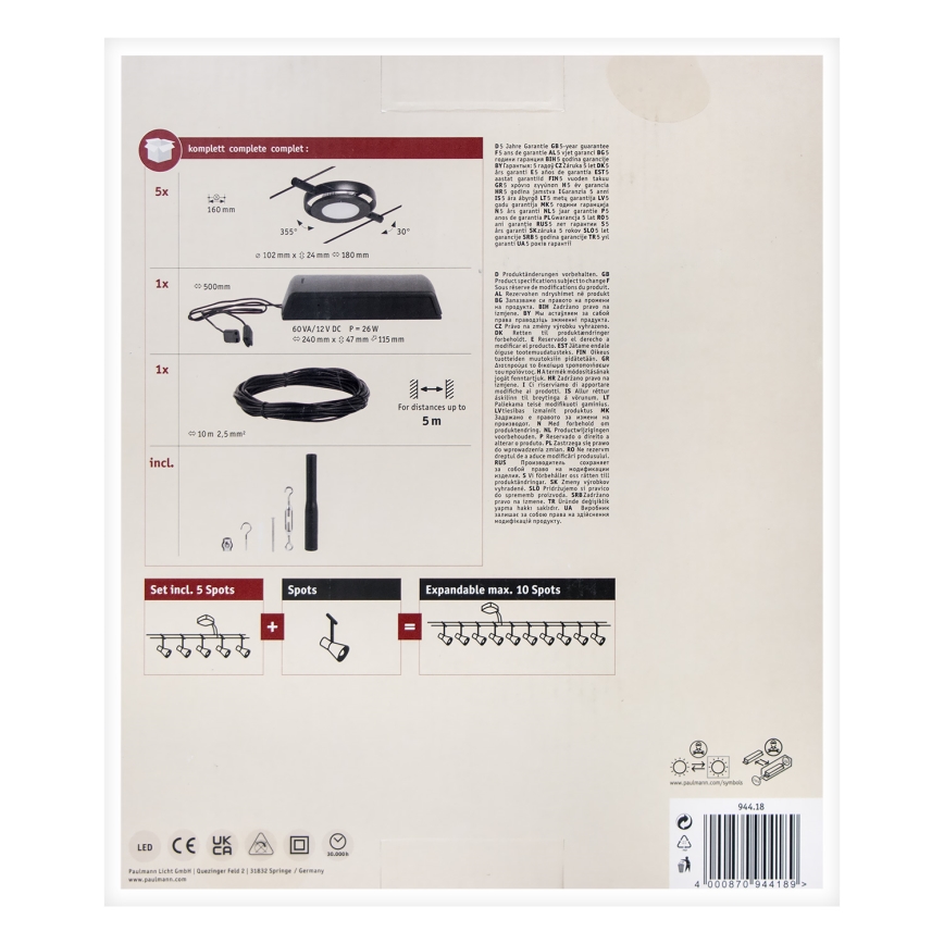 Paulmann 94418 - Set 5xLED/4,5W Sistema completo a cavo ROUNDMAC 230V nero