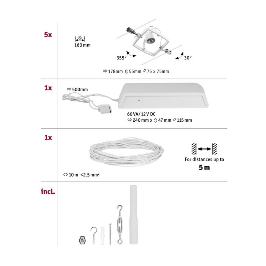 Paulmann 94432 - Set 5xGU5,3/10W Sistema completo a cavo MAC 230V bianco