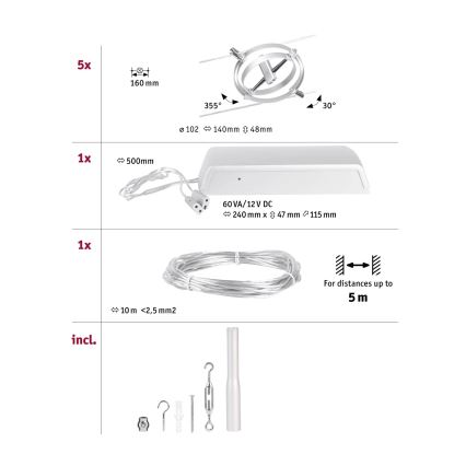 Paulmann 94436 - Set 5x GU5,3/10W, sistema completo a cavo CARDAN 230V, cromo opaco