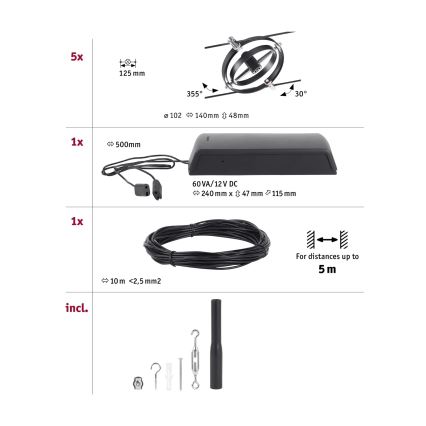 Paulmann 94440 - SET 5xGU5,3/10W Faretto per sistema a binario CARDAN 230V nero