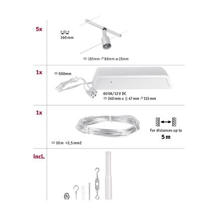 Paulmann 94442 - SET 5xGU5,3/10W Sistema a cavo completo SALT 230V cromo opaco